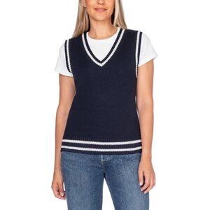 NEW In Conversation Women's L Preppy Navy Blue White Trim Knit Sweater Vest